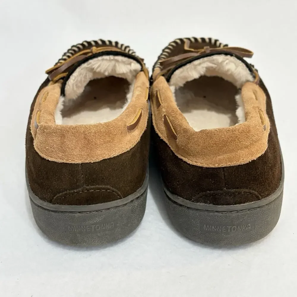 Minnetonka Slippers Mens 9 Pile Lined Hardsole Brown Leather Comfort House Shoes